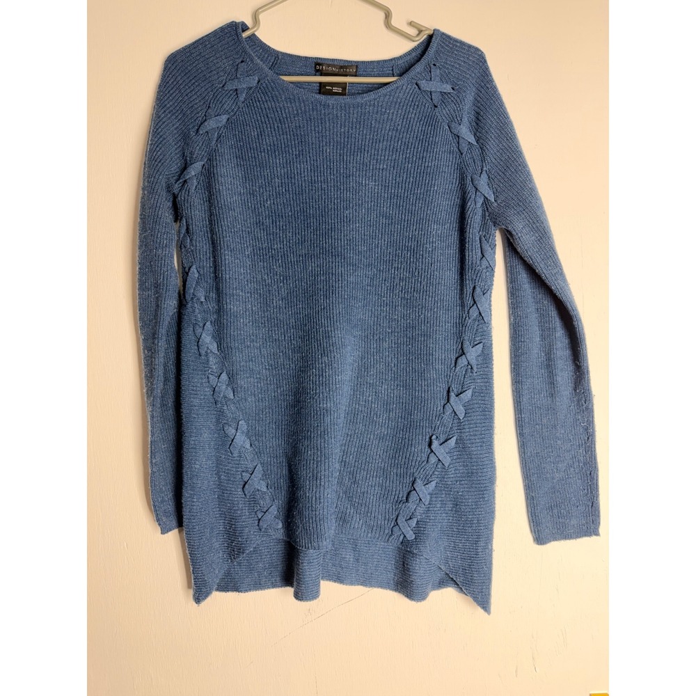 Design History Blue Ribbed Lace Up Lattice Knit Sweater Small Boho High Low Hem